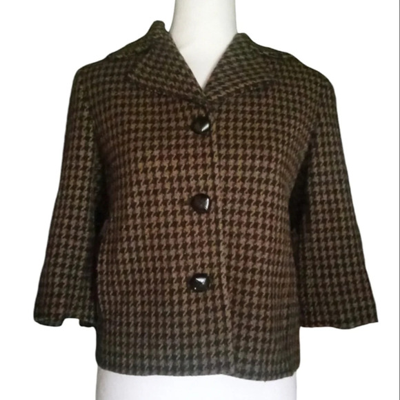 Lauren Ralph Lauren Chocolate Brown & Tan Wool Blend Houndstooth Coat Size 6 - Picture 1 of 7
